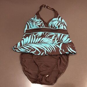 Brown and Turquoise Leaf Print 2 Piece Swimsuit